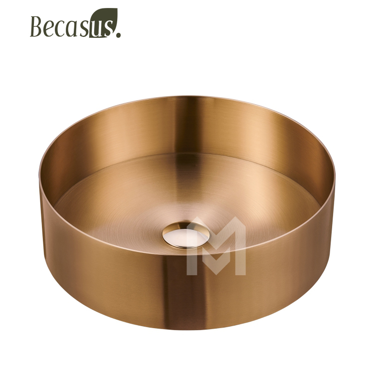 Round Stainless Steel Vessel Sink with Pop-Up Drain Stopper PVD Coating Countertop Sink Vanity for Bathroom & Hotel
