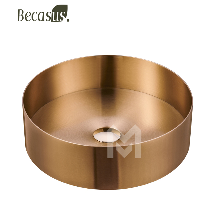 Round Stainless Steel Vessel Sink with Pop-Up Drain Stopper PVD Coating Countertop Sink Vanity for Bathroom & Hotel