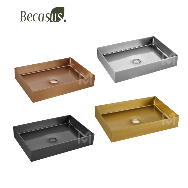 Stainless Steel Rectangle Vessel Sink with Pop Up Drain Gold Bathroom Sinks Above Counter for Bathrooms