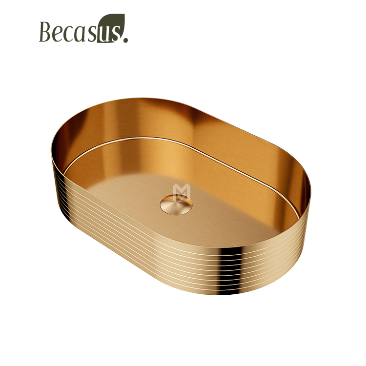 Bathroom Vessel Sink Gold 16 Gauge Nano Titanium Plating Above Counter Oval Vanity Lavatory Bath Sink Basin