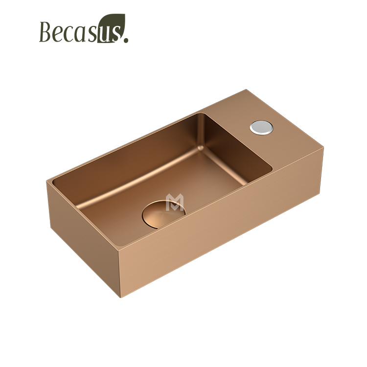 Wall Mount Rectangle Vessel Sink with Faucet Hole Bathroom Sink with Pop-up Drain Combo PVD Surface Vanity Sink Basin