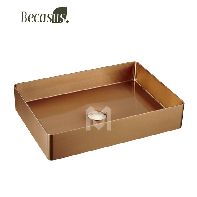 Stainless Steel Rectangle Vessel Sink with Pop Up Drain Gold Bathroom Sinks Above Counter for Bathrooms