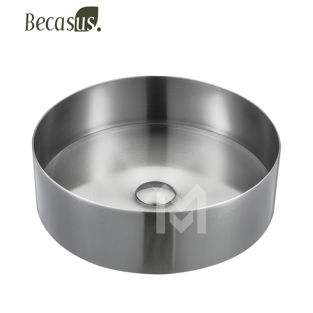 Round Stainless Steel Vessel Sink with Pop-Up Drain Stopper PVD Coating Countertop Sink Vanity for Bathroom & Hotel