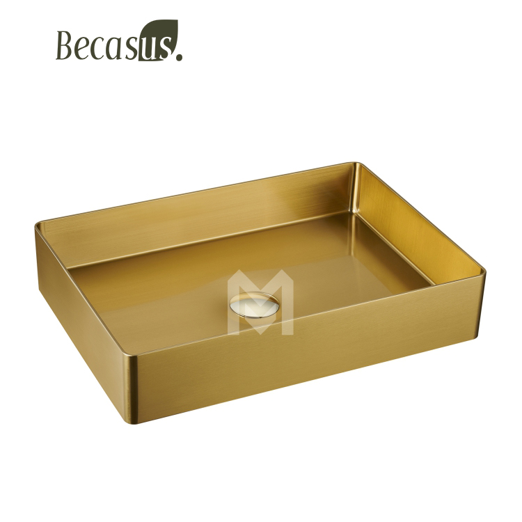 Stainless Steel Rectangle Vessel Sink with Pop Up Drain Gold Bathroom Sinks Above Counter for Bathrooms