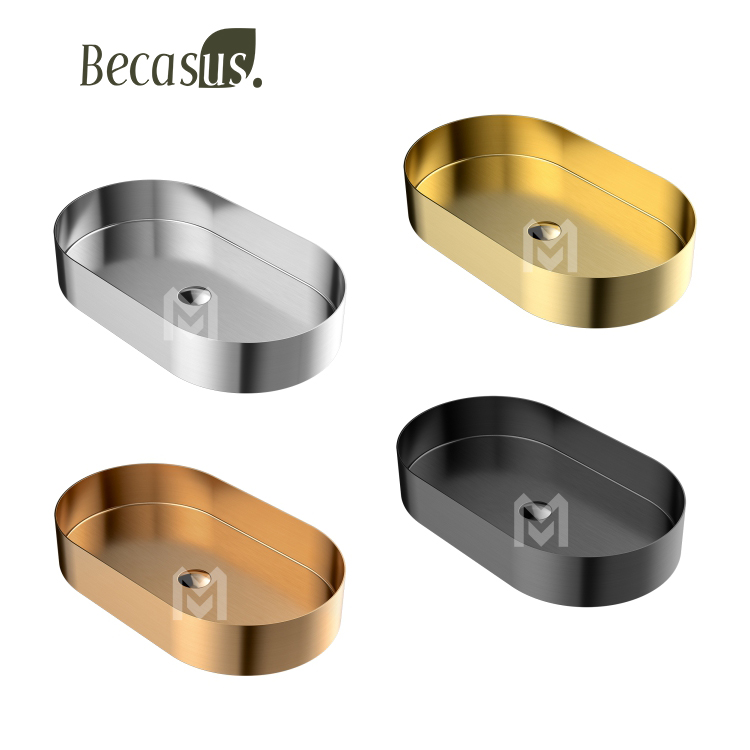 Bathroom Vessel Sink Gold 16 Gauge Nano Titanium Plating Above Counter Oval Vanity Lavatory Bath Sink Basin