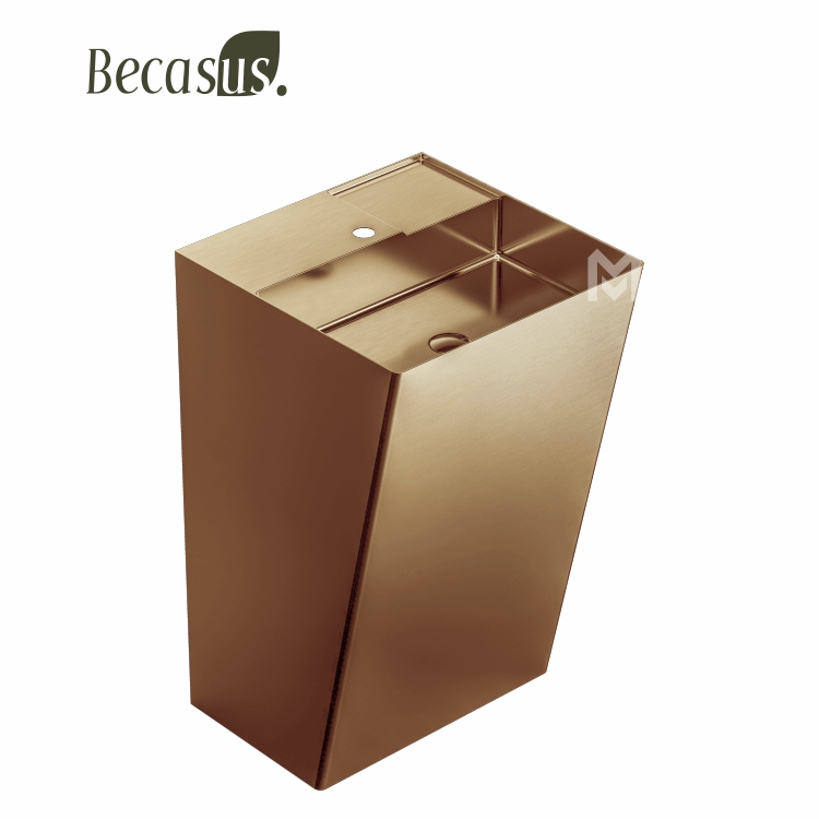 Stainless Steel Rectangular Pedestal Sink with Overflow Brushed Surface Bathroom Basin Sink with Faucet Hole and Pop-up Drain