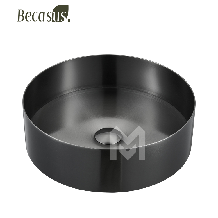 Round Stainless Steel Vessel Sink with Pop-Up Drain Stopper PVD Coating Countertop Sink Vanity for Bathroom & Hotel