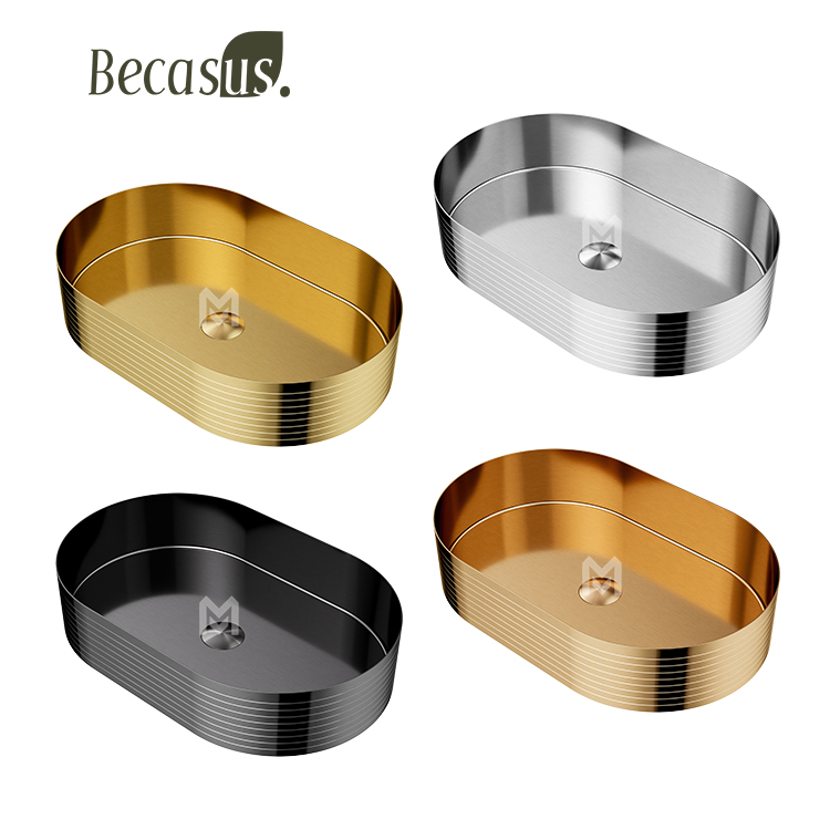 Bathroom Vessel Sink Gold 16 Gauge Nano Titanium Plating Above Counter Oval Vanity Lavatory Bath Sink Basin