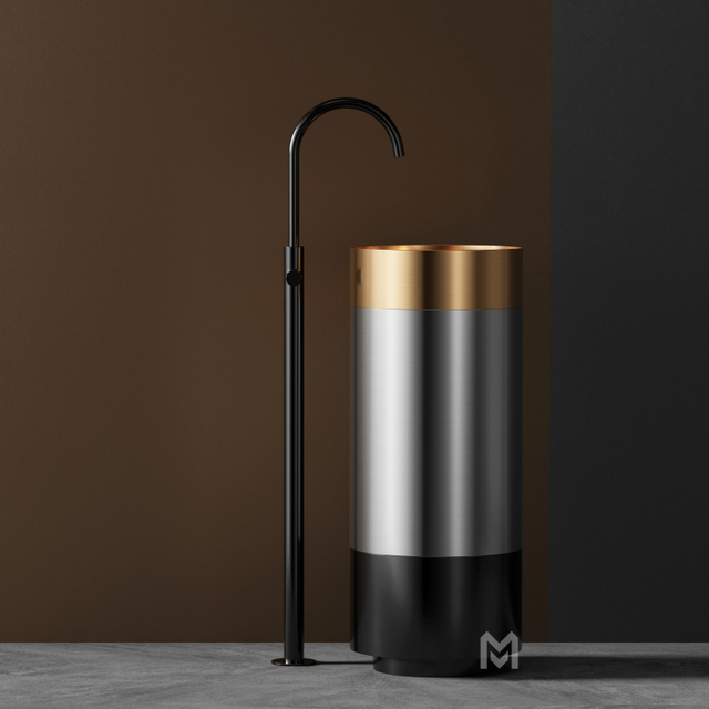 Luxury Floor Standing Stainless Steel Public PVD Round Hand Wash Basin Sink with Pedestal Hotel Bathroom Sinks