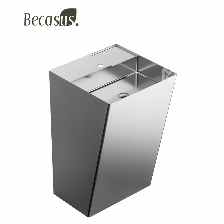 Stainless Steel Rectangular Pedestal Sink with Overflow Brushed Surface Bathroom Basin Sink with Faucet Hole and Pop-up Drain