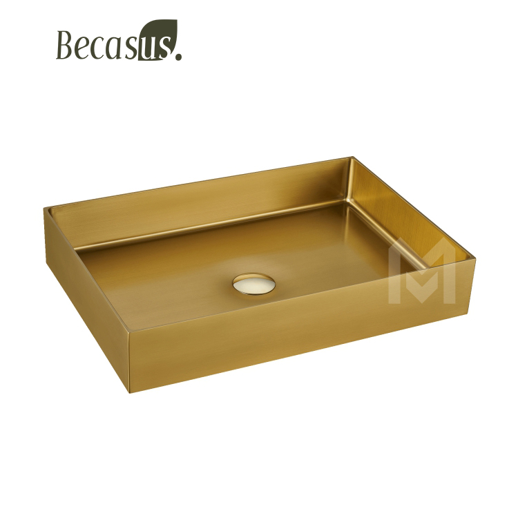 Stainless Steel Rectangle Vessel Sink with Pop Up Drain Gold Bathroom Sinks Above Counter for Bathrooms