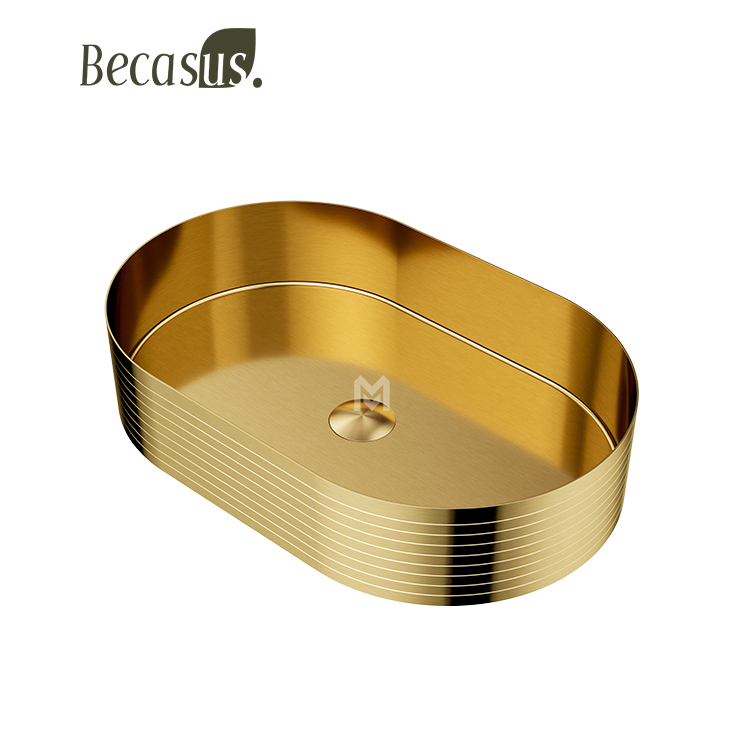 Bathroom Vessel Sink Gold 16 Gauge Nano Titanium Plating Above Counter Oval Vanity Lavatory Bath Sink Basin