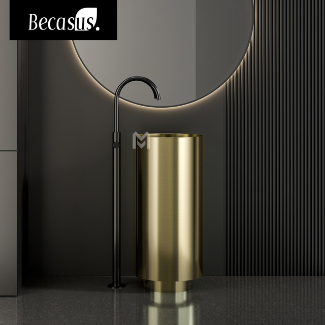 Brushed Gold Modern Luxury Round Stainless Steel Sink Pedestal Sink Freestanding