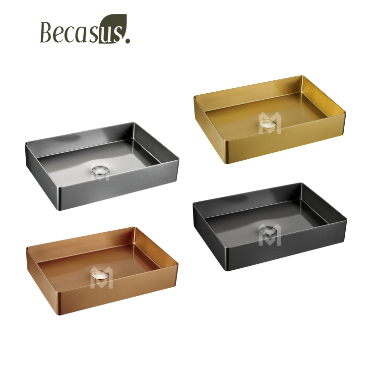 Stainless Steel Rectangle Vessel Sink with Pop Up Drain Gold Bathroom Sinks Above Counter for Bathrooms