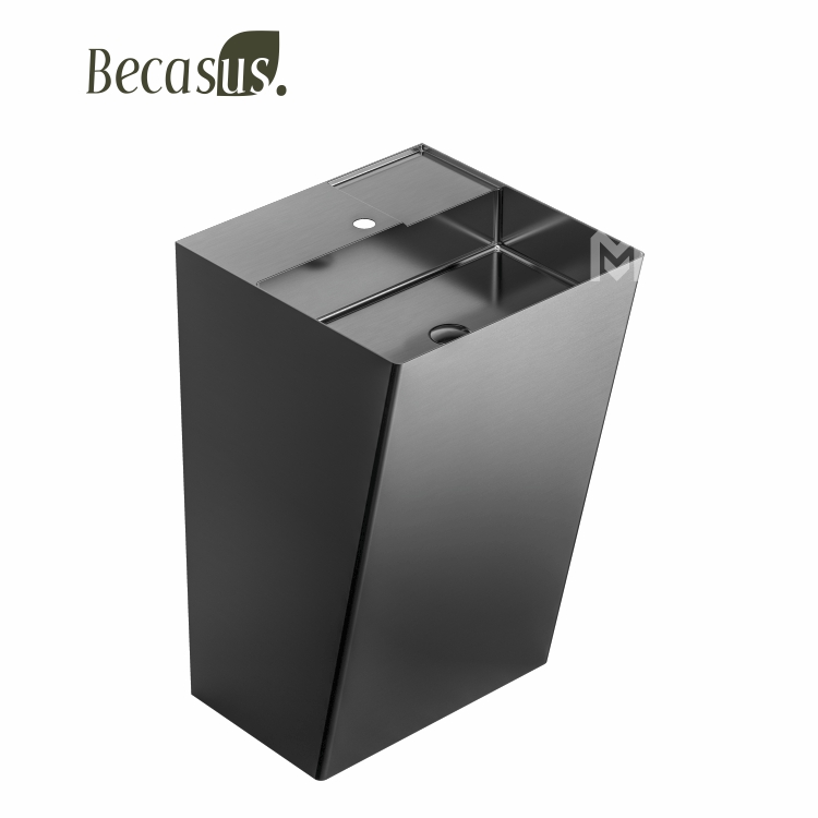 Stainless Steel Rectangular Pedestal Sink with Overflow Brushed Surface Bathroom Basin Sink with Faucet Hole and Pop-up Drain
