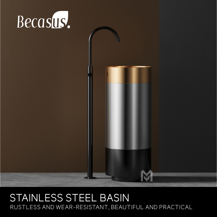 Luxury Floor Standing Stainless Steel Public PVD Round Hand Wash Basin Sink with Pedestal Hotel Bathroom Sinks