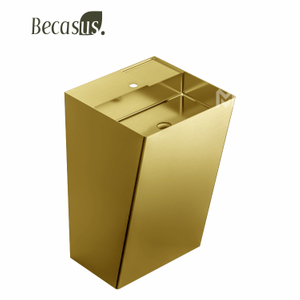 Stainless Steel Rectangular Pedestal Sink with Overflow Brushed Surface Bathroom Basin Sink with Faucet Hole and Pop-up Drain