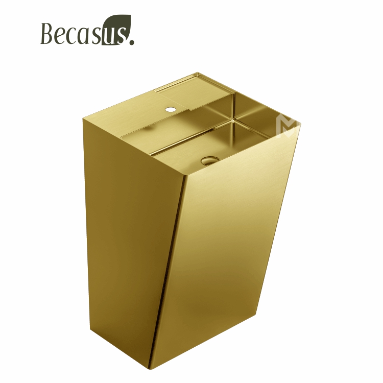 Stainless Steel Rectangular Pedestal Sink with Overflow Brushed Surface Bathroom Basin Sink with Faucet Hole and Pop-up Drain