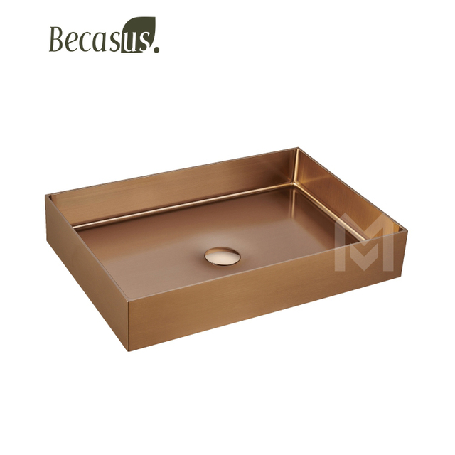 Stainless Steel Rectangle Vessel Sink with Pop Up Drain Gold Bathroom Sinks Above Counter for Bathrooms