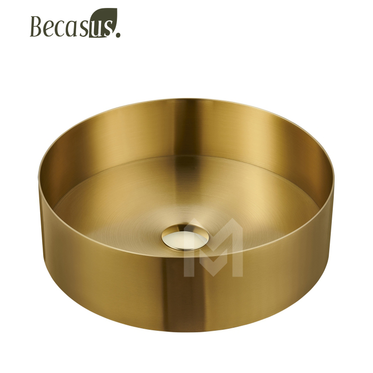 Round Stainless Steel Vessel Sink with Pop-Up Drain Stopper PVD Coating Countertop Sink Vanity for Bathroom & Hotel