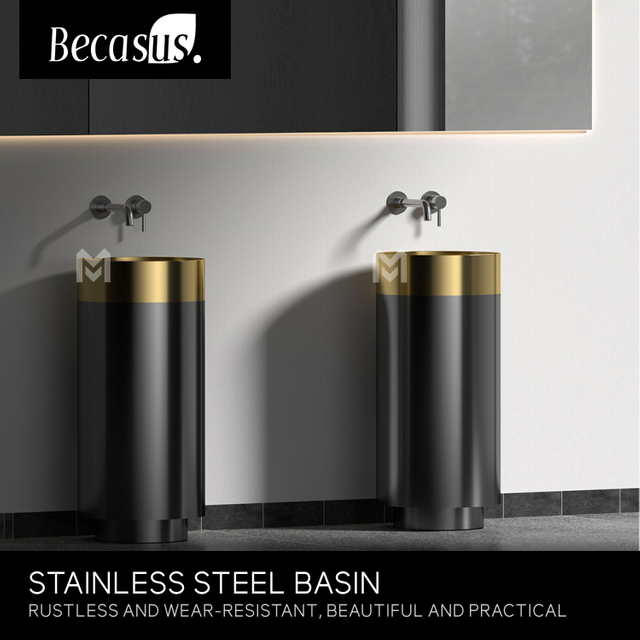 Brushed Gold & Black Round Stainless Steel Pedestal Sink Floorstanding Washbasin