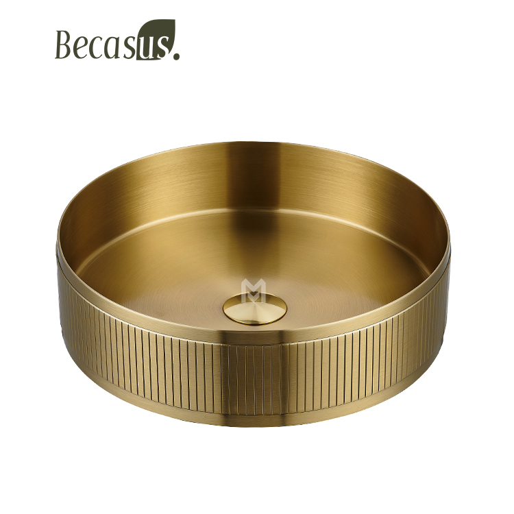 Stainless Steel Gold Vessel Sink With Pop Up Drain Luxury Bathroom Sink Above Counter for Bathrooms