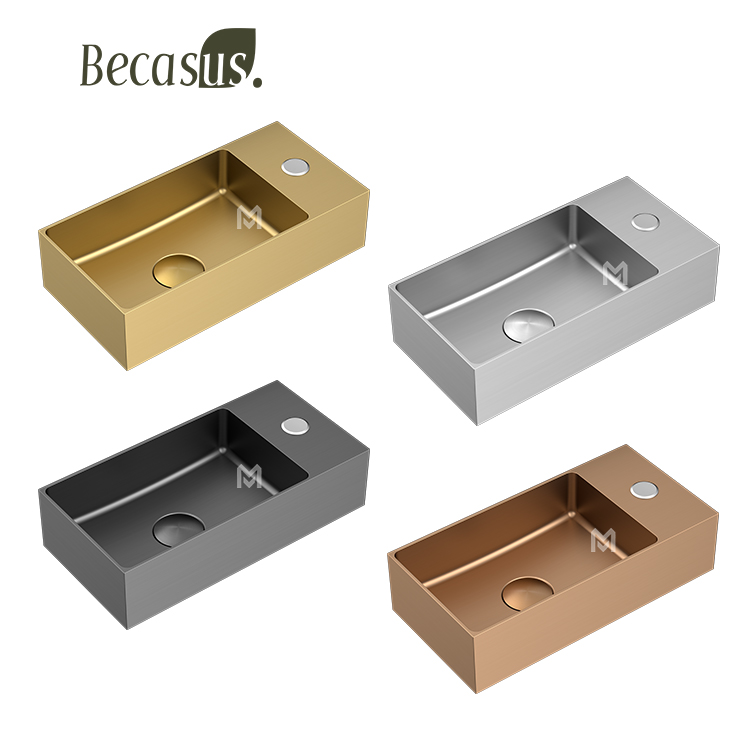 Wall Mount Rectangle Vessel Sink with Faucet Hole Bathroom Sink with Pop-up Drain Combo PVD Surface Vanity Sink Basin
