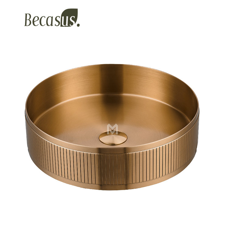 Stainless Steel Gold Vessel Sink With Pop Up Drain Luxury Bathroom Sink Above Counter for Bathrooms