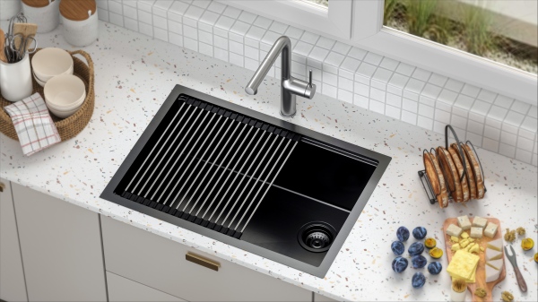 33-inch single bowl kitchen sink matte black PVD finish with R10 tight radius undermount in white quartz countertop.jpg