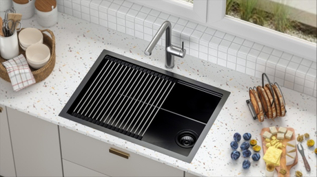 33-inch single bowl kitchen sink matte black PVD finish with R10 tight radius undermount in white quartz countertop.jpg