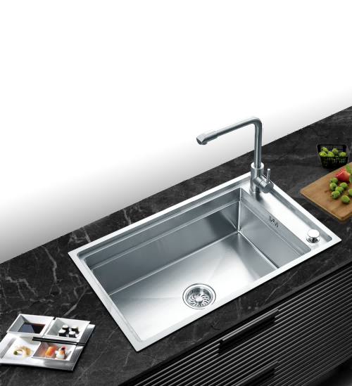 Top-down view of stainless steel workstation kitchen sink showing integrated ledge system with cutting board, colander, drying rack, and roll-up drying mat positioned in use.png