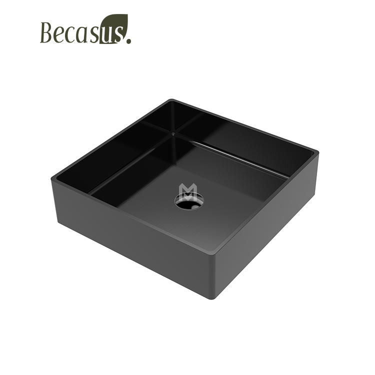 Square vessel basin sink used in a modern commercial bathroom setting